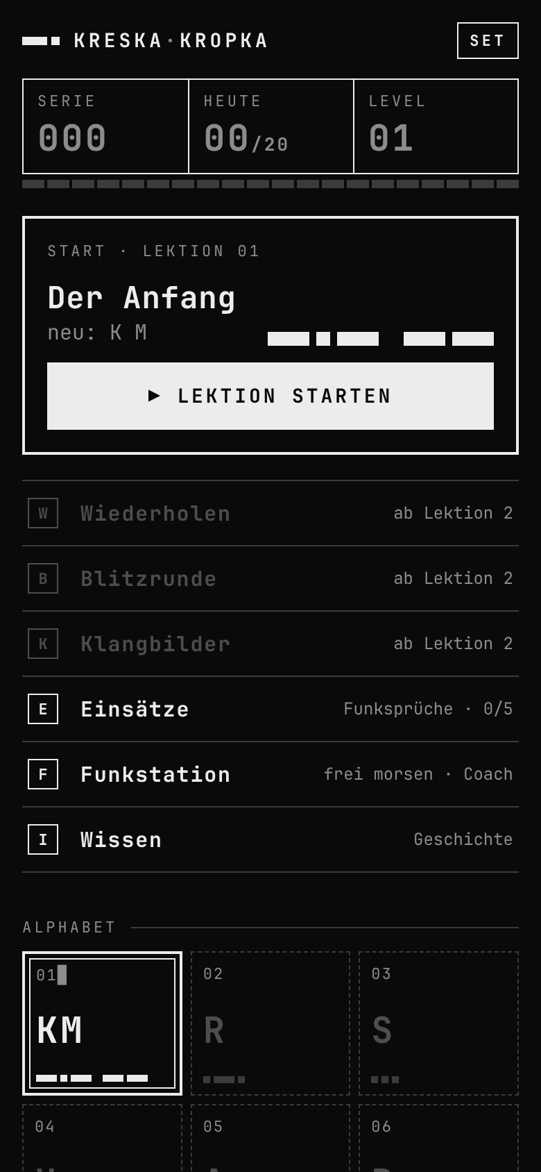 Kreska Kropka home screen with streak, daily goal and the lesson grid