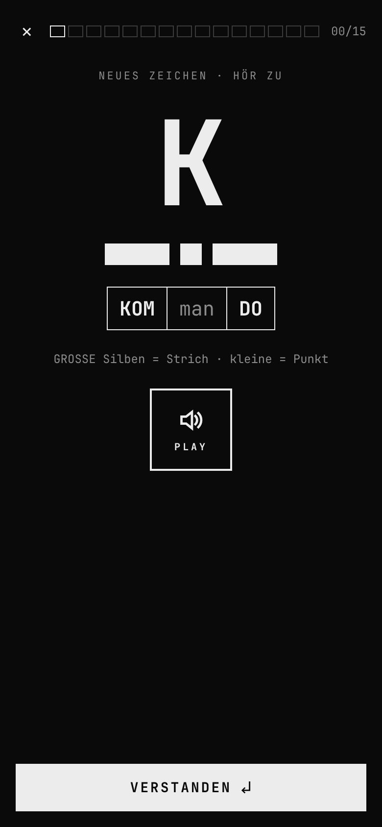 A new character: the letter K with its Morse pattern and mnemonic